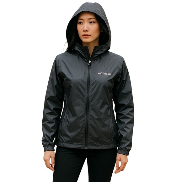 Columbia Jackets & Blazers - Columbia Black hooded rain nylon windbreaker zip up Jacket zip pockets small